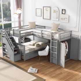 Twin-Twin over Full L-Shaped Bunk Bed With 3 Drawers, Portable Desk and Wardrobe, Gray(OLD SKU:LT000542AAE) Twin-Twin over Full L-Shaped Bunk Bed With 3 Drawers, Portable Desk and Wardrobe, Gray(OLD SKU:LT000542AAE)